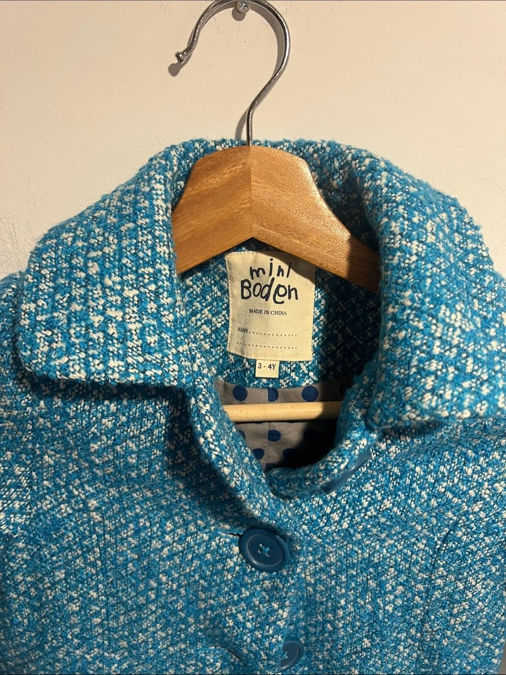 Mini Boden Girls' Teal Tweed Pea Coat Size 3-4 Years